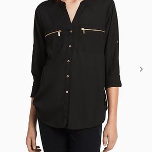 Mandarin Collar Exposed Zip Detail RollUpSleeveTop